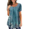 Women Summer Plus Size Pullover Print Loose Round Neck Button Short Sleeve T Shirt