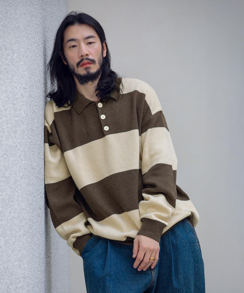 RUGGED HOUSE Striped Collar Drop Shoulder Knit 2 Colors