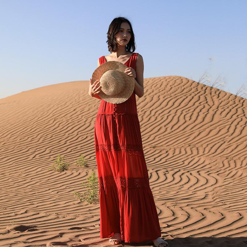 Women's V-Neck Red Dress for Travel and Vacation: Beach, Desert, and Grassland Style (F2105)