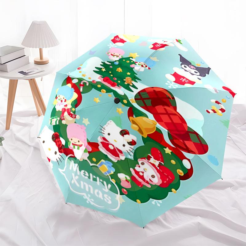 

1pc Hello Kitty Christmas Wreath Design Automatic Folding Umbrella - Portable 3-Fold Design with 8-Rib Iron Frame, Perfect Holiday Gift for Fans, Trav