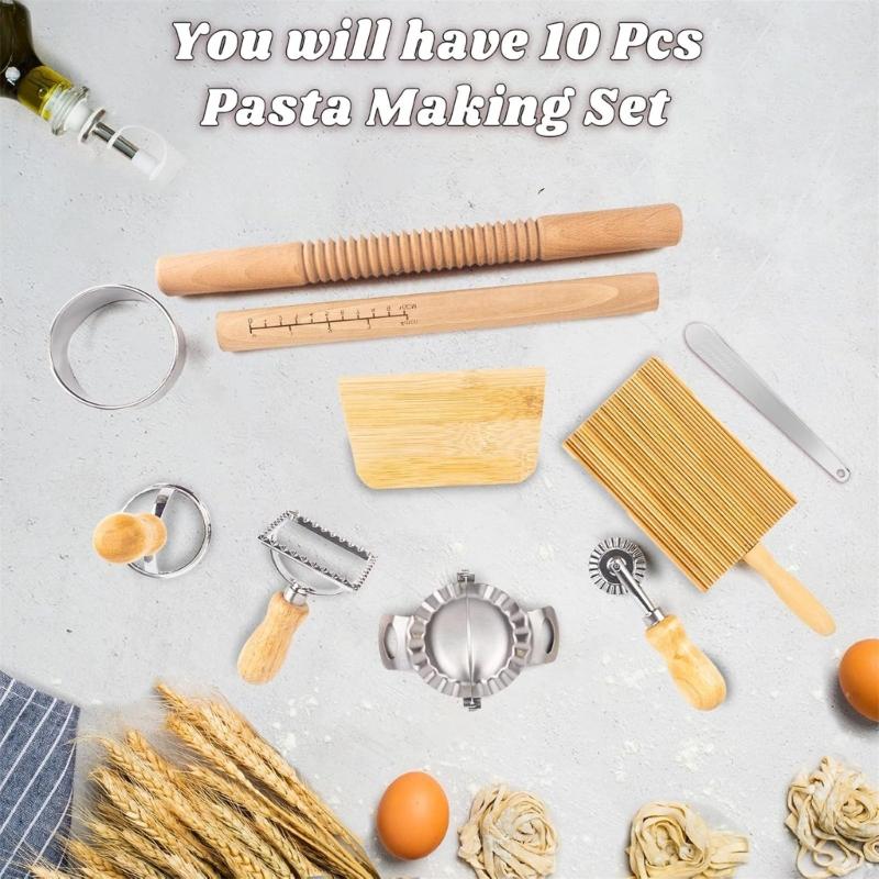 Wood Threaded Rolling Pin Pastas Tool Set Dough Scraper Gnocchi Board Dumpling Maker Ravioli Stamp Cutter Wood Texture