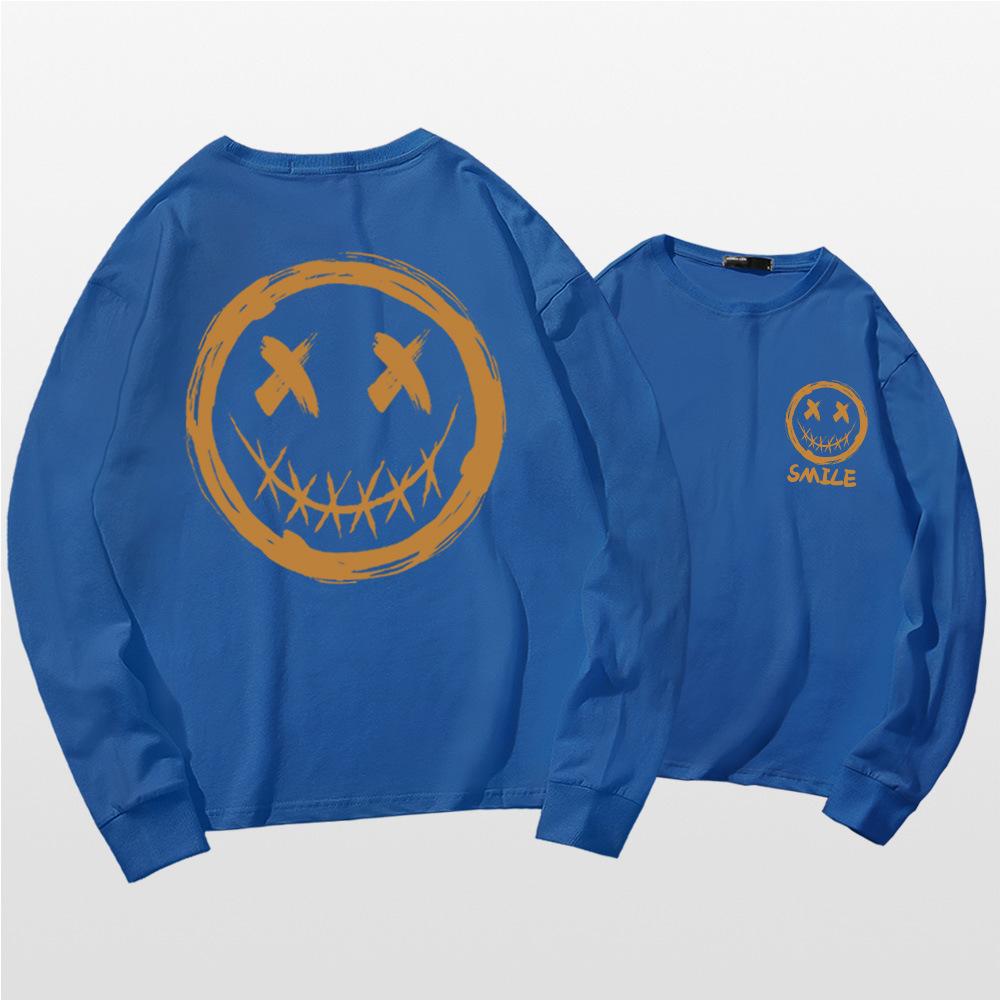 Japanese long-sleeved T-shirt men's summer tide personality graffiti smiley face print little devil grimace Hong Kong style loose top