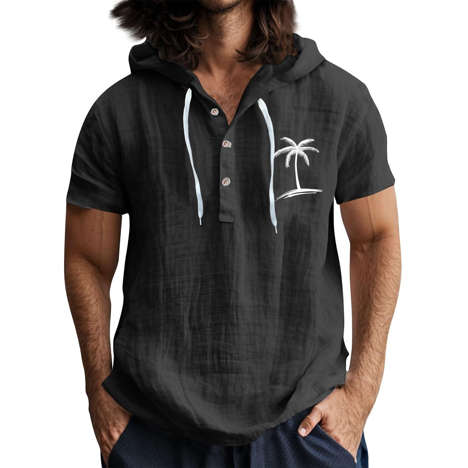 Мужская повседневная футболка с короткими рукавами, капюшоном и открытым воротом на пуговицах XL чёрный