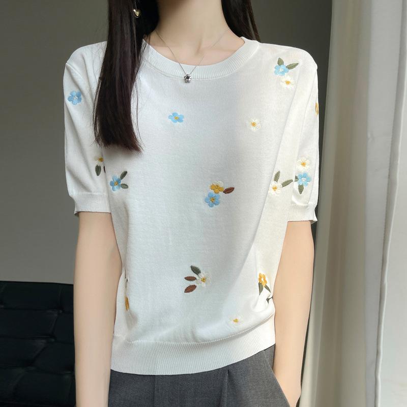 

Wornspin Свитер из ледяного шелка с круглым вырезом и вышивкой для женщин Летом Новая мода Вышитый С коротким рукавом Свободный Вышитый Универсальный топ M