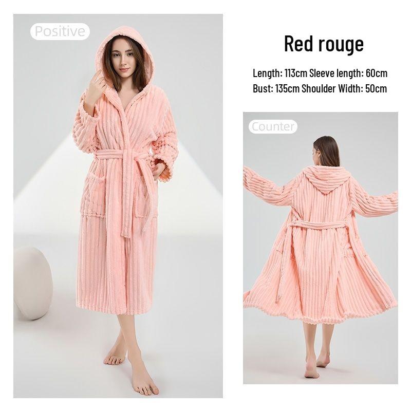 Candy Stripe Coral Fleece Hooded Bathrobe: Quick-Dry, Breathable, Skin-Friendly, and Warm.