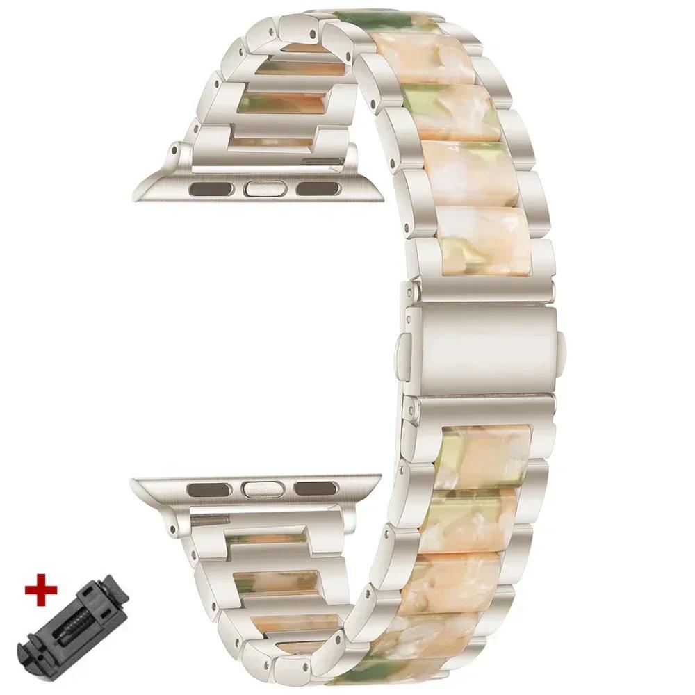 Stainless Steel+Resin Band for Apple Watch 10 42mm 46 Ultra 2 49mm Women Bracelet for IWatch 9 8 7 6 5 4 se 40mm 38mm 41 45 44mm