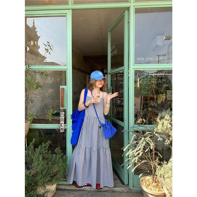 Vintage Summer Waist Tie Slimming Checkered Maxi Dress Ankle Length Skirt For Beach Vacation