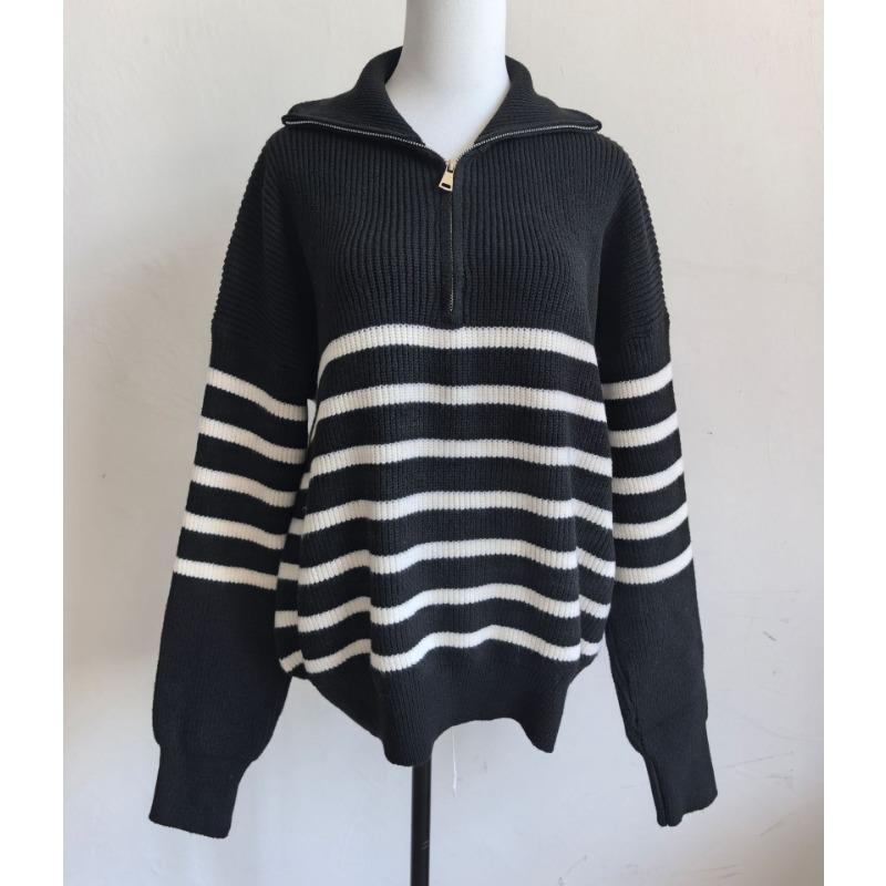 

Винтажный полосатый свободный пуловер с лацканами и молнией до середины груди, осенне-зимний женский трикотажный свитер One size чёрный