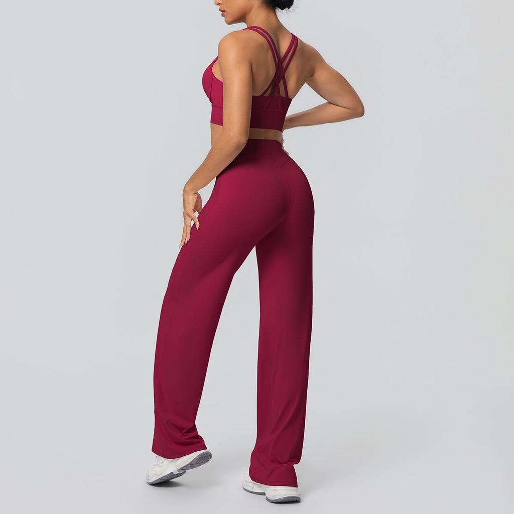 Shockproof Cross Back Running Bra & High Waist Wide Leg Yoga Pants