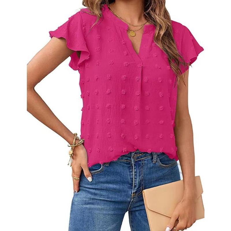 Summer V-neck Floral-sleeved Chiffon Shirt Short-sleeved Women’s T-shirts