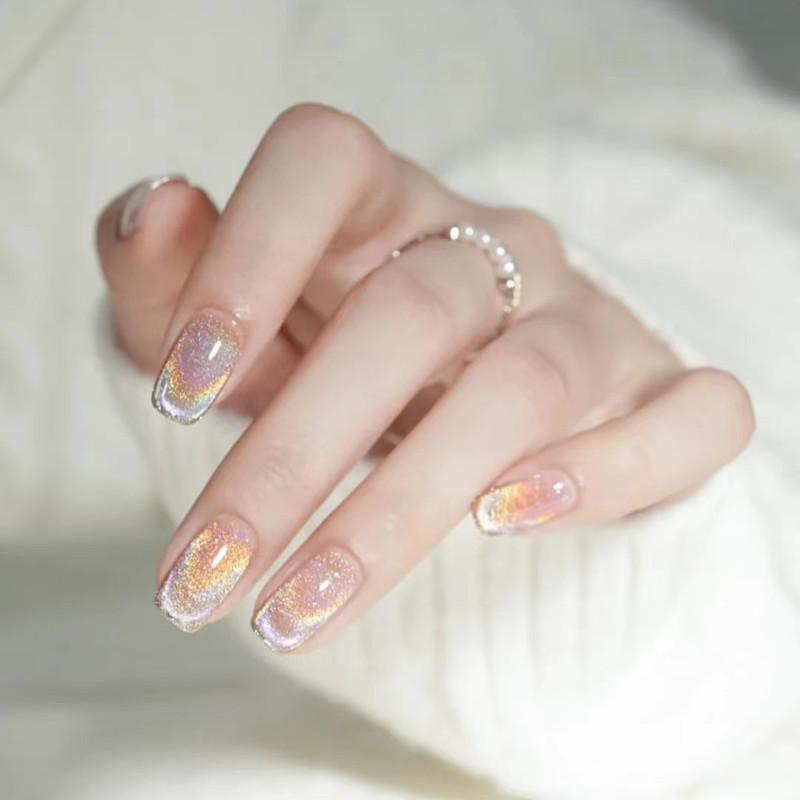 Xiaohongshu Rainbow Cat Eye French Nail Art Stickers - Short Removable Gel False Nails