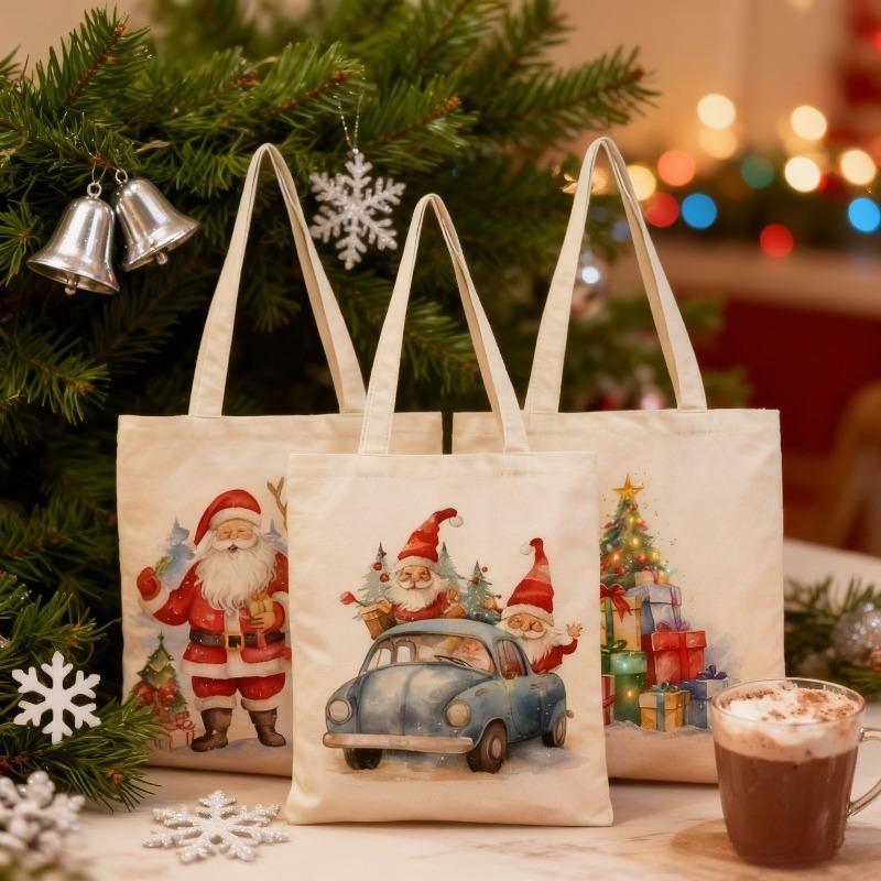 Christmas Canvas Tote Bag Shoulder Handbag Lunch Storage Grocery Bag for Women Festive Holiday Shopper Bag Christmas Gift Decor