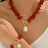 Red Coral & Imitation Baroque Pearl Pendant Choker /Bracelet Set Women's Bohemian Bold Tropical Charm Wedding Jewelry Set