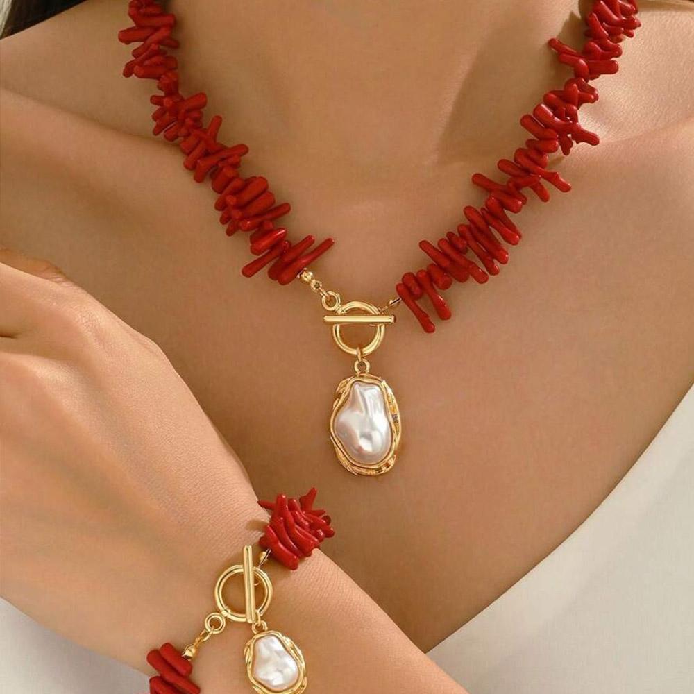 Red Coral & Imitation Baroque Pearl Pendant Choker /Bracelet Set Women's Bohemian Bold Tropical Charm Wedding Jewelry Set