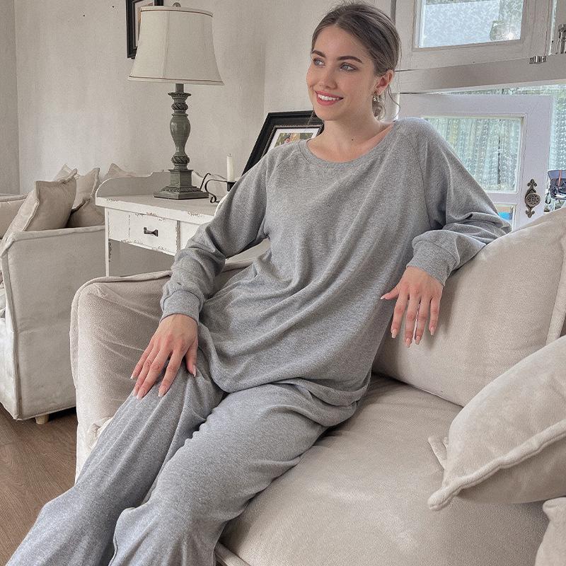 

Женский однотонный повседневный домашний комплект - Свободный пуловер с длинным рукавом и брюки с эластичной талией, подходит для улицы Large хизер серый