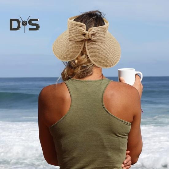 Outdoor Ladies Hat Empty Top Foldable Large Brim Bow Decor Sun Protection Anti-UV Beach Straw Cap Gardening Fishing Travel Hat