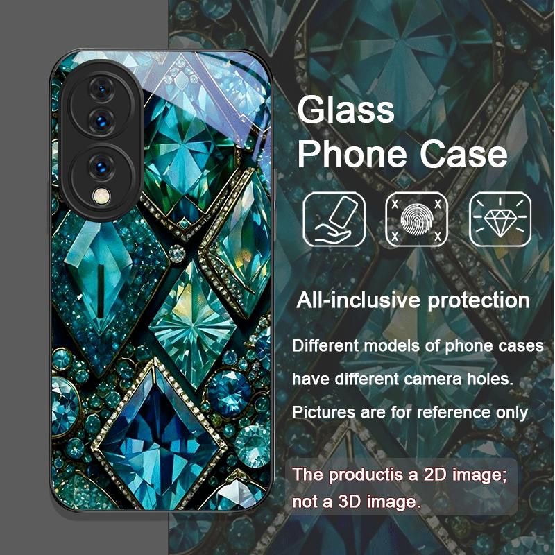 Gorgeous Emerald Pattern Tempered Glass Phone Case for Huawei Honor 200 Lite 100 300 Pro 90 GT X8 4G X9 Magic 7 6 5 Pro 5G Cover