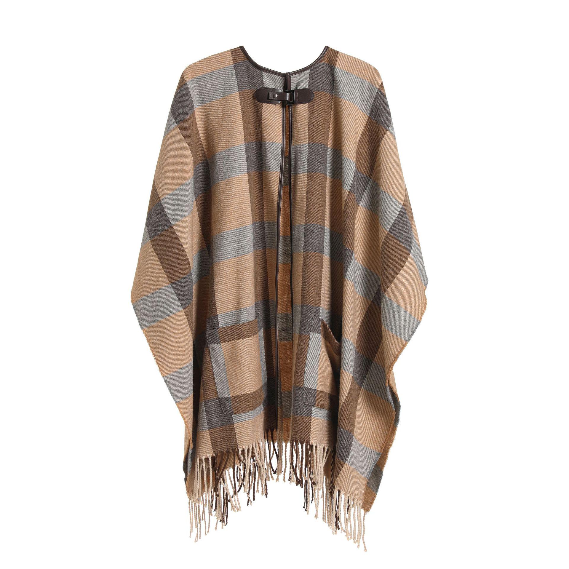Women s European & American Autumn/Winter Plaid Tassel Pullover Shawl коричневый