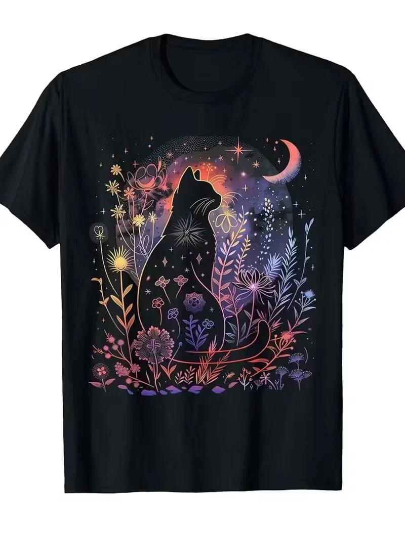 Men s & Women s Gothic Black Cat & Moon T- Shirt - Mystical Night Sky Design with 4XL