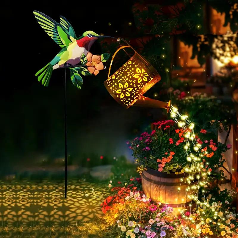 Solar Powered Hummingbird Kettle Lawn Lamp Outdoor Waterproof Hanging LED Solar Watering Can Lights for Patio Path Garden Decor