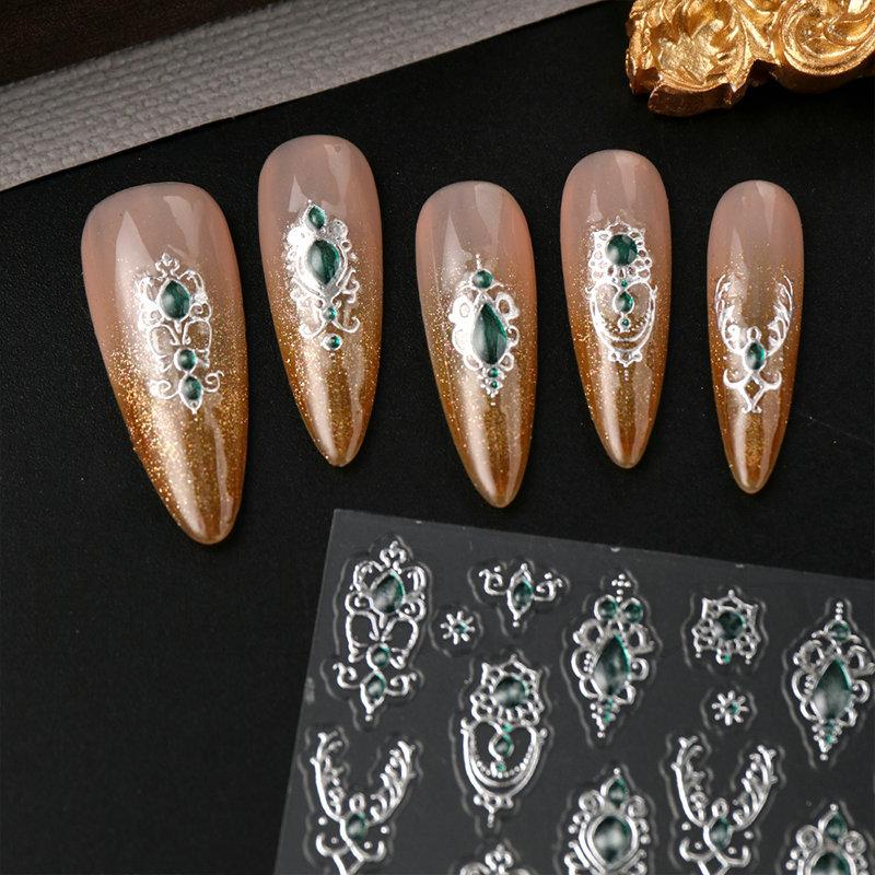 1pc embossed 5D retro light luxury court-style nail sticker with rubies and emeralds, adhesive backing, nail sticker, holiday gift.