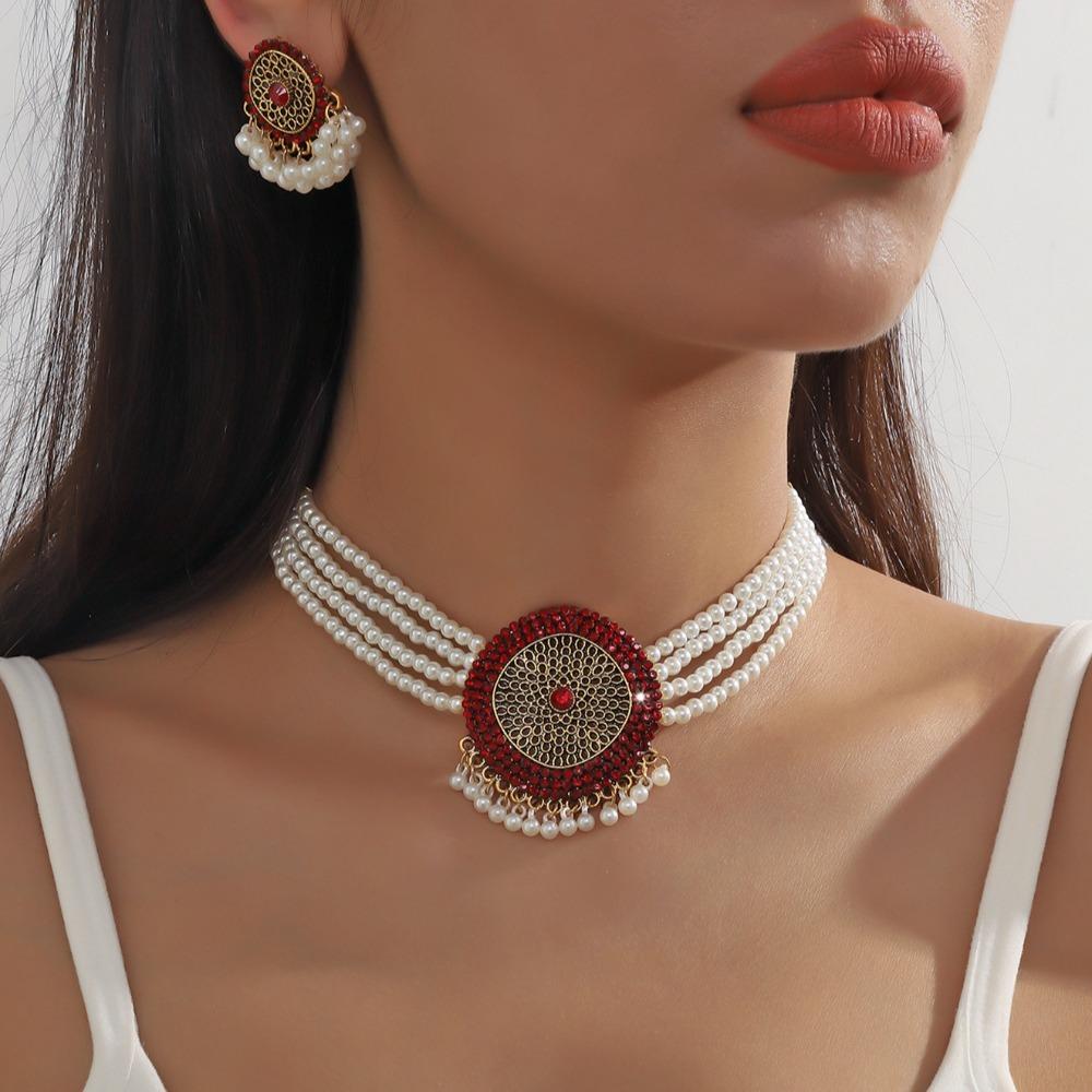 Imitation Pearl Rhinestone Necklace Earrings Luxury Choker Necklace Set Retro Jewelry Set  Party