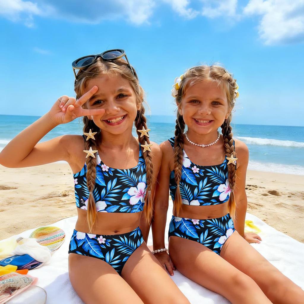 Girls Two Piece Swimsuit Set Hawaiian Print Tankini Top and High Waist Bottom Summer Beach Swimwear for Kids
