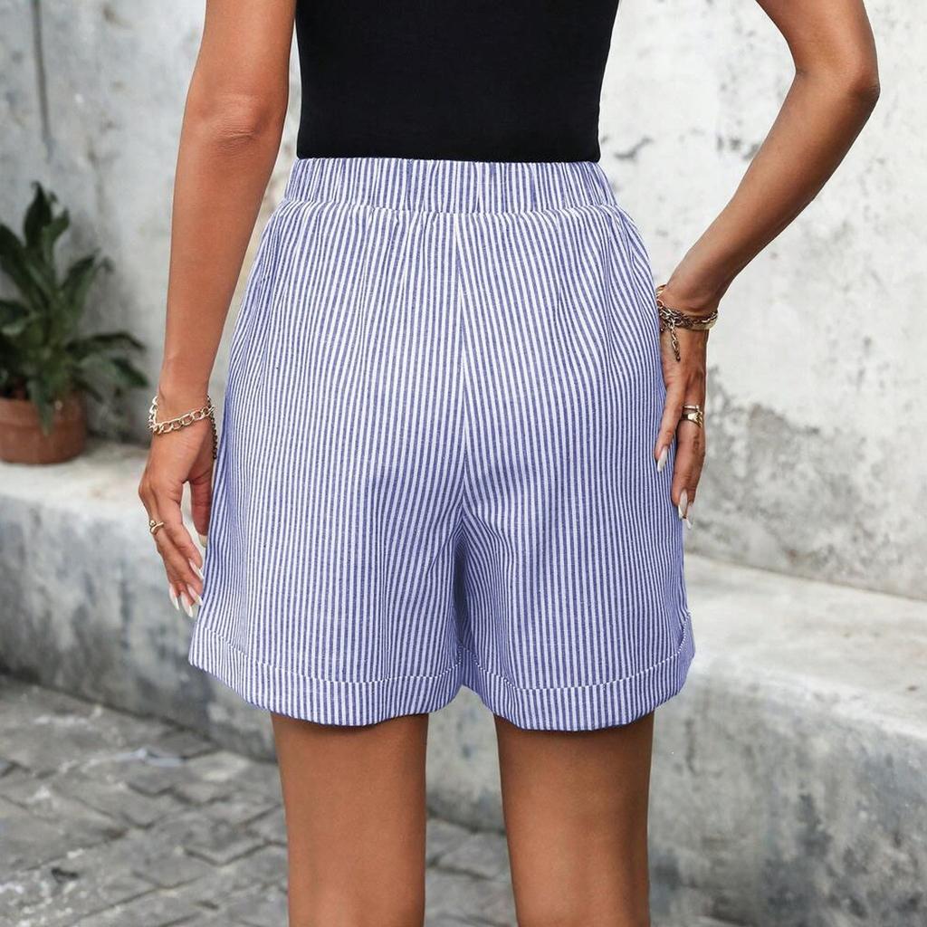 Women's Fashion Striped Casual Drawstring Elastic Pants Shorts