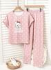 Girls Pajama Set, Cute Rabbit & Polka Dot Short Sleeve Top & Long Pants, Soft Sleepwear for 8-12 Years