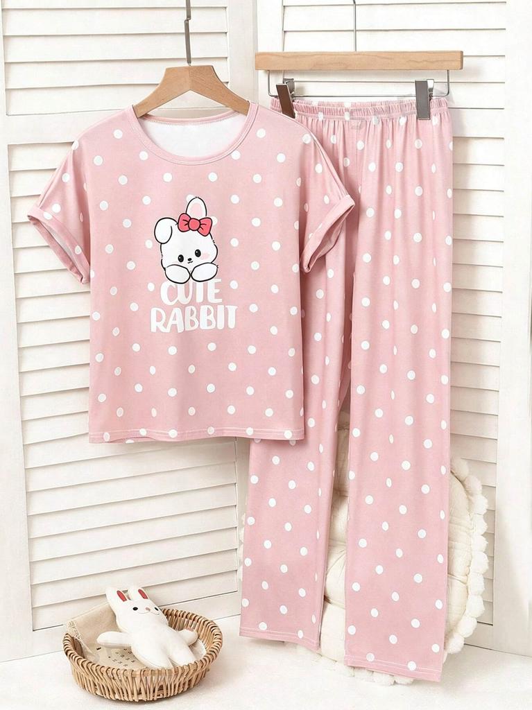 Girls Pajama Set, Cute Rabbit & Polka Dot Short Sleeve Top & Long Pants, Soft Sleepwear for 8-12 Years