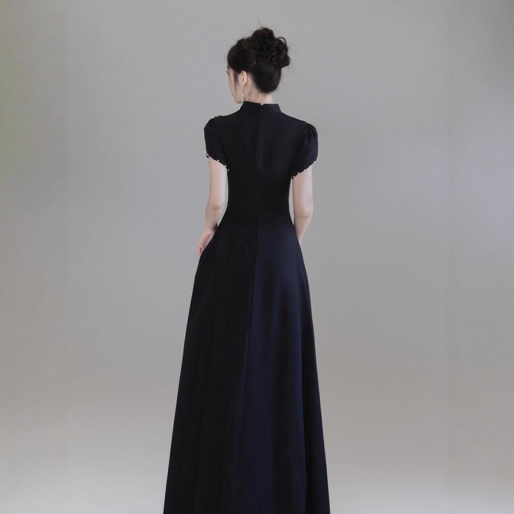 New Chinese retro cheongsam black evening dress music life and art test vocal music stage folk song solo guzheng performance suit