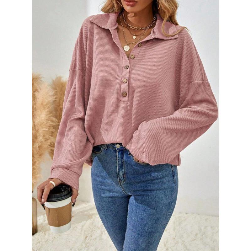 Autumn Winter Turn Down Collar Casual Fashion Sweatshirt Women Solid Color All-match Buttons Pullover Top