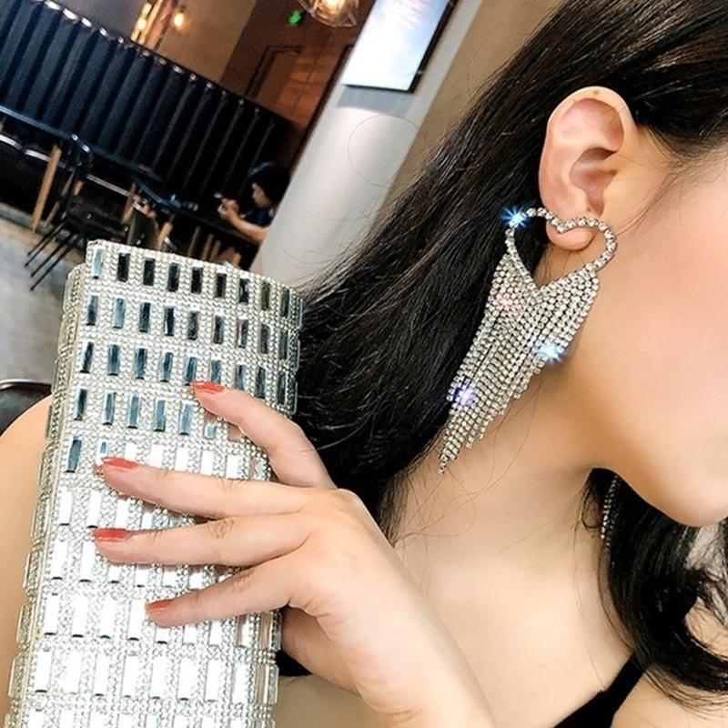 Romantic Fashion Shiny Zircon Inlaid Metal Heart Long Tassel Drop Earrings For Women Temperament Elegant Party Prom Jewelry