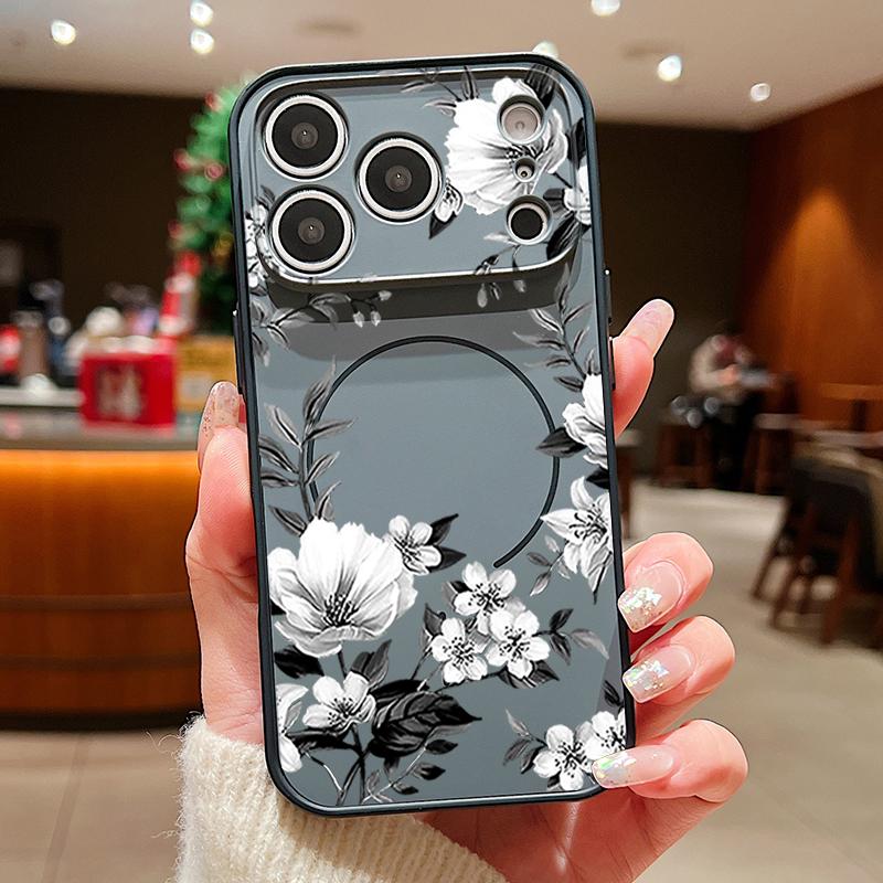 Black-white Peony Floral Pattern Case For iPhone 17 Pro Max Magnetic For Magsafe Hybrid Slim Matte Cover For iPhone 16 15 14 13 Pro Max