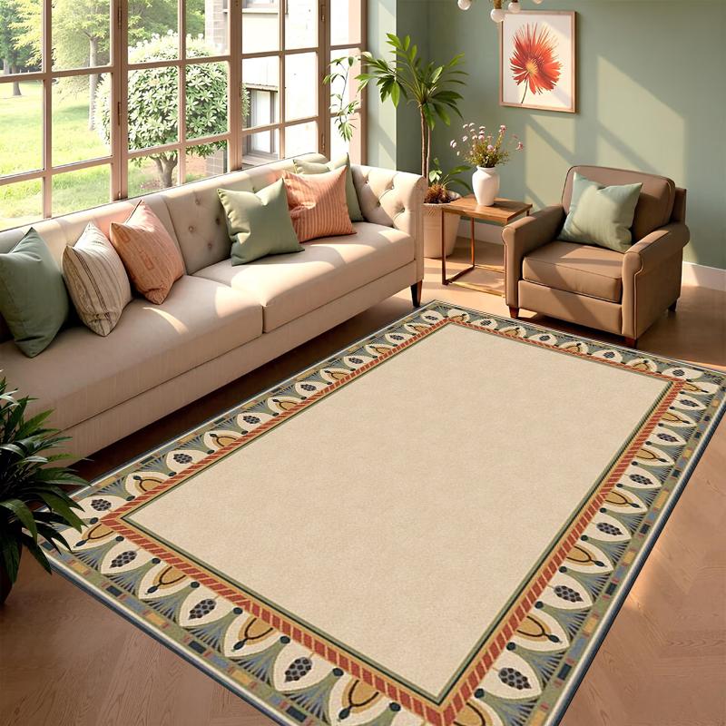 Bohemian Egyptian Lotus Border Rectangular Carpet Vintage Soft Decorative Floor Mat for Living Room Bedroom Home Decor