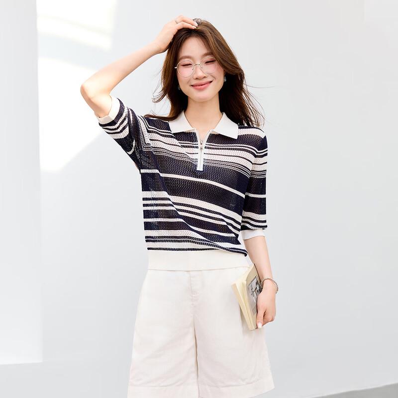 Srcr Premium Mulberry Silk Blend Color-Block Knitted T-Shirt M