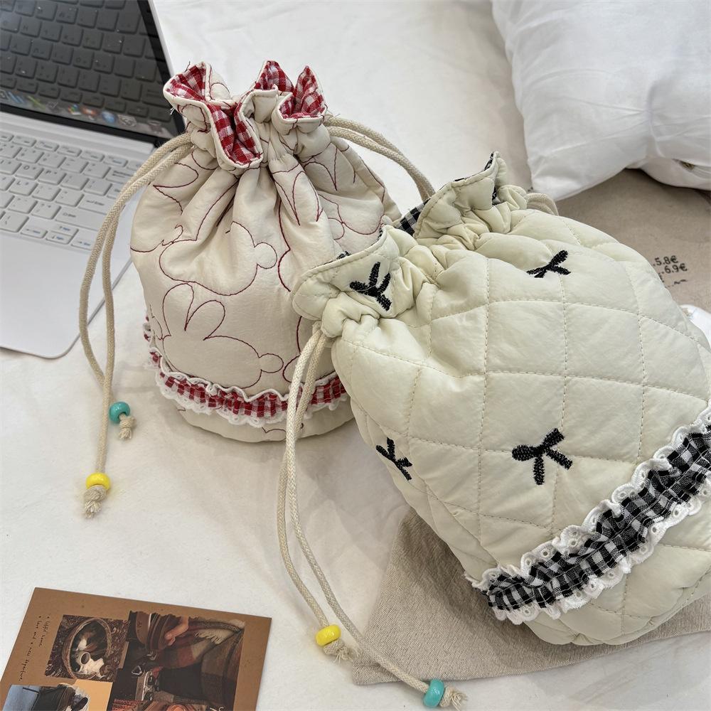 Quilted Padded Cotton Drawstring Storage Bag Cosmetics Bundle Bag Travel Portable Jewelry Change Bag Finishing Bag