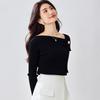 2026 Women's Black Off-the-Shoulder Long-Sleeve Knit Sweater – Diagonal Slimming Design