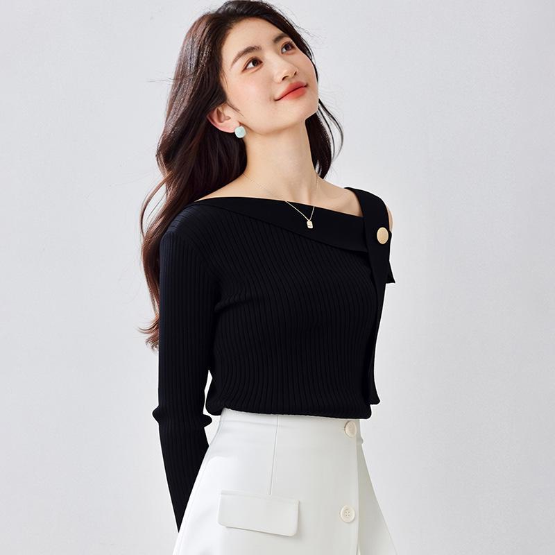 2026 Women's Black Off-the-Shoulder Long-Sleeve Knit Sweater – Diagonal Slimming Design