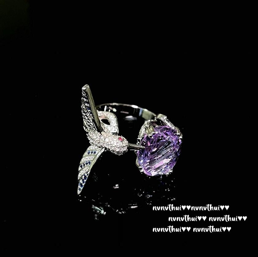 Iris Purple Gemstone Bird Ring, Magnificent, 18K Gold-Plated, Lavender Purple Egg-Shaped Zircon Bird Ring.