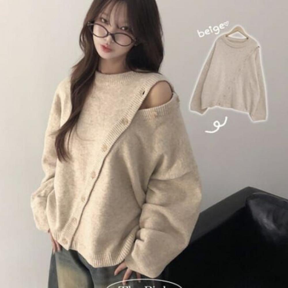 The Pink Loose Fit Asymmetrical Button Off Shoulder Wool Knit