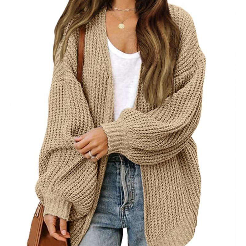 Chunky-Knit Lantern Sleeve Cardigan for Women: Autumn Winter Pocketed Outerwear Knit Sweater