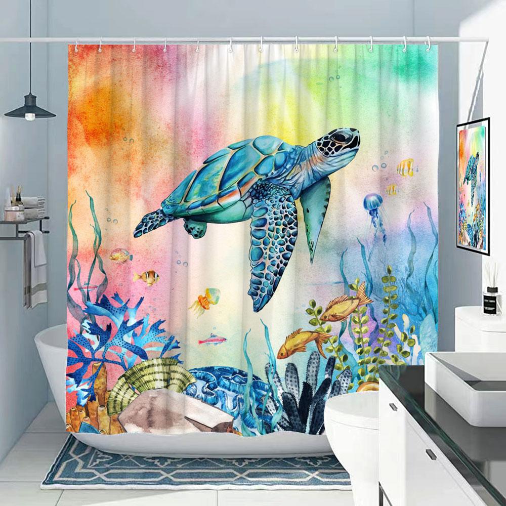 Octopus Shower Curtain Nautical Ocean Sea Turtle Beach Coastal Blue Fish Seashell Jellyfish Fabric Bath Curtains Bathroom Decor