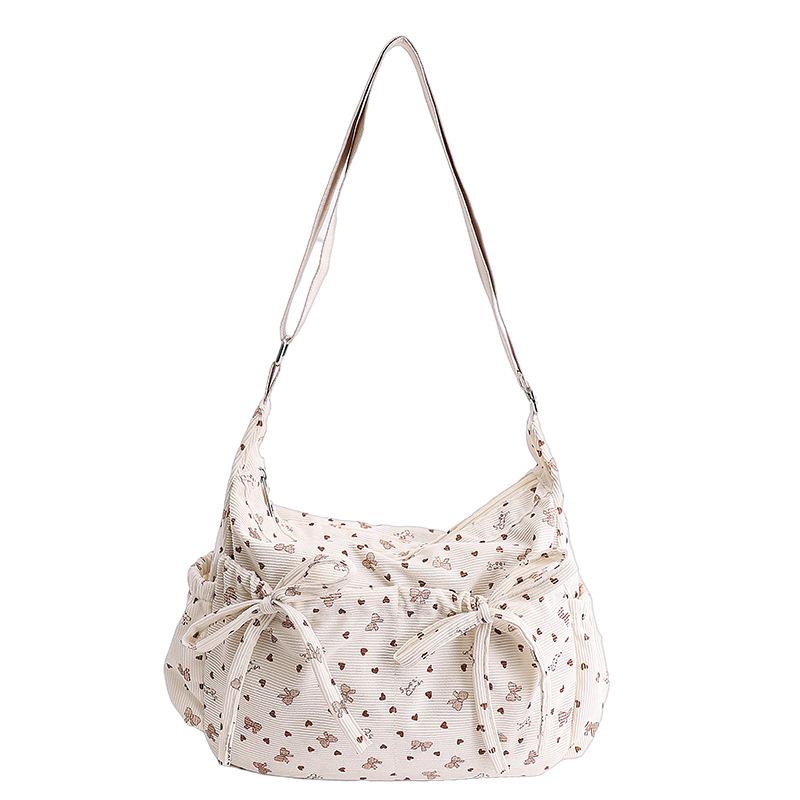 Korean Print Canvas Shoulder Bag Women Drawstring Pleated Crossbody Bag Creative Bow Design Versatile Multi Pocket Underarm Bag белый