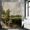 Cortina de Ducha Decorativa para Baño con Árbol de la Pradera, Carro, Río, Pintura al Óleo, Cortina de Ducha Impermeable con Ganchos