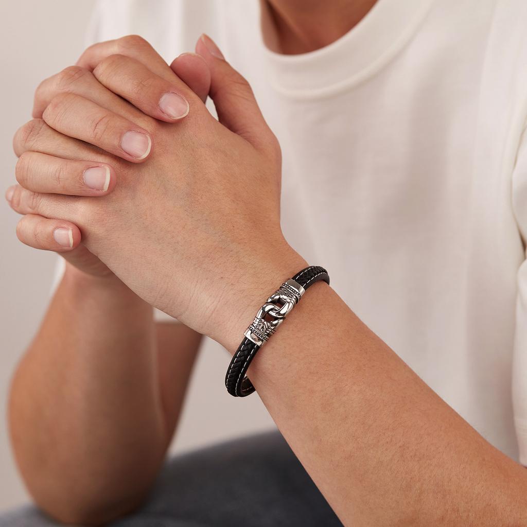 Men’s Punk Style Leather Bracelet – Stainless Steel OPK Fashion Braided Wristband