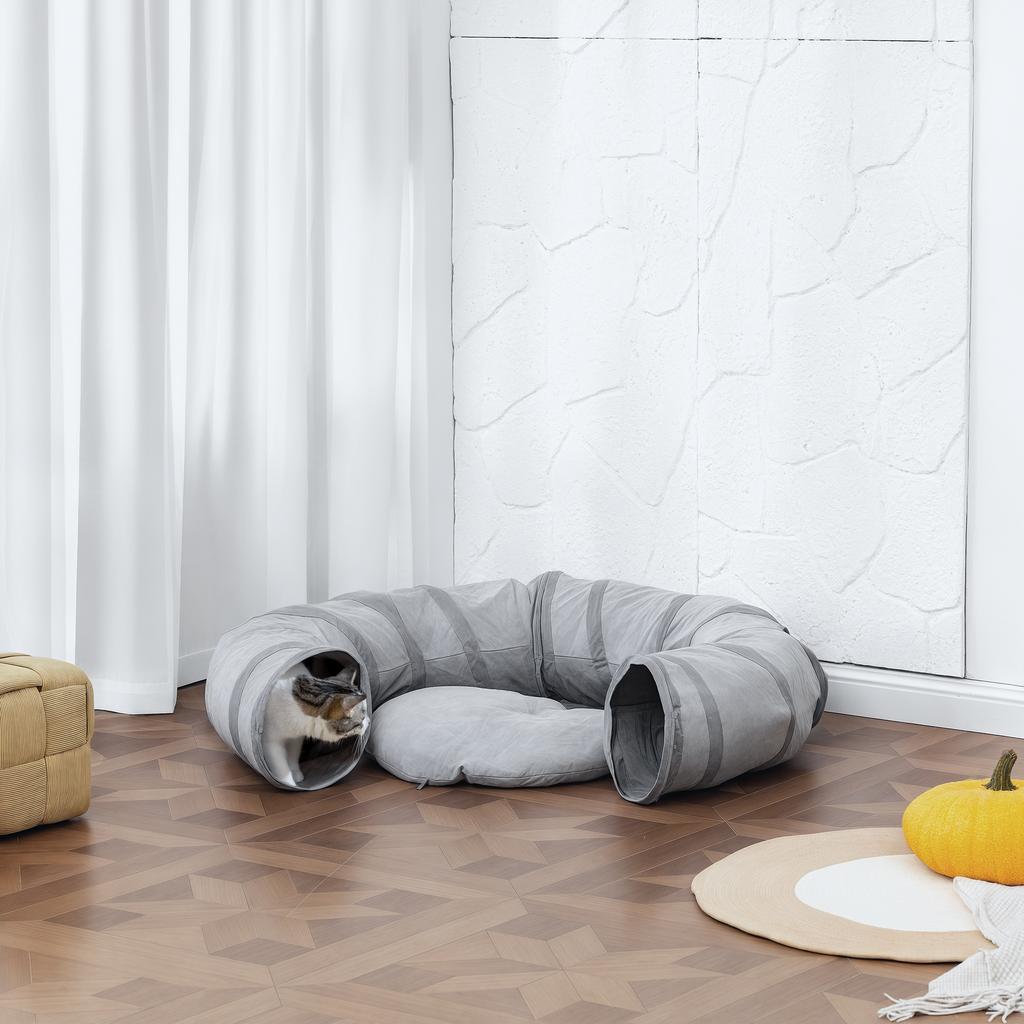 2 in 1 Cat Tunnel with Bed, Cat Play Tunnel with Ball & Peek Hole for Indoor Cats, Grey