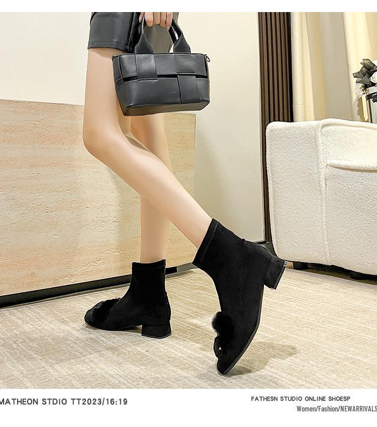 Autumn/Winter 2025 Women's Fur Velvet Stretch Chunky Heel Short Sock Boots