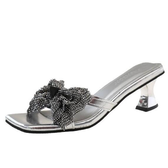One-word Bow Open-toed High-heeled Rhinestone Fashion Fairy Wind Cool Slippers 2025 New Women's Summer Wear