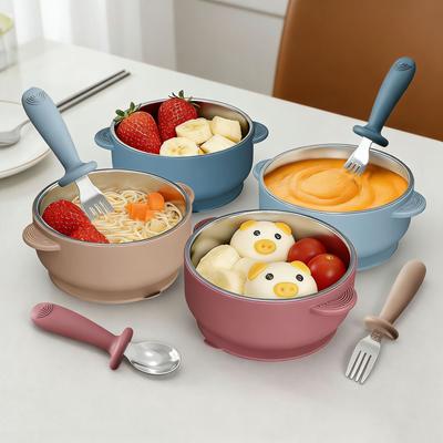 Baby Silicone Feeding Bowl with Suction Cup, Stainless Steel Bowl, -Fall Kids Tableware Set with Spoon Fork